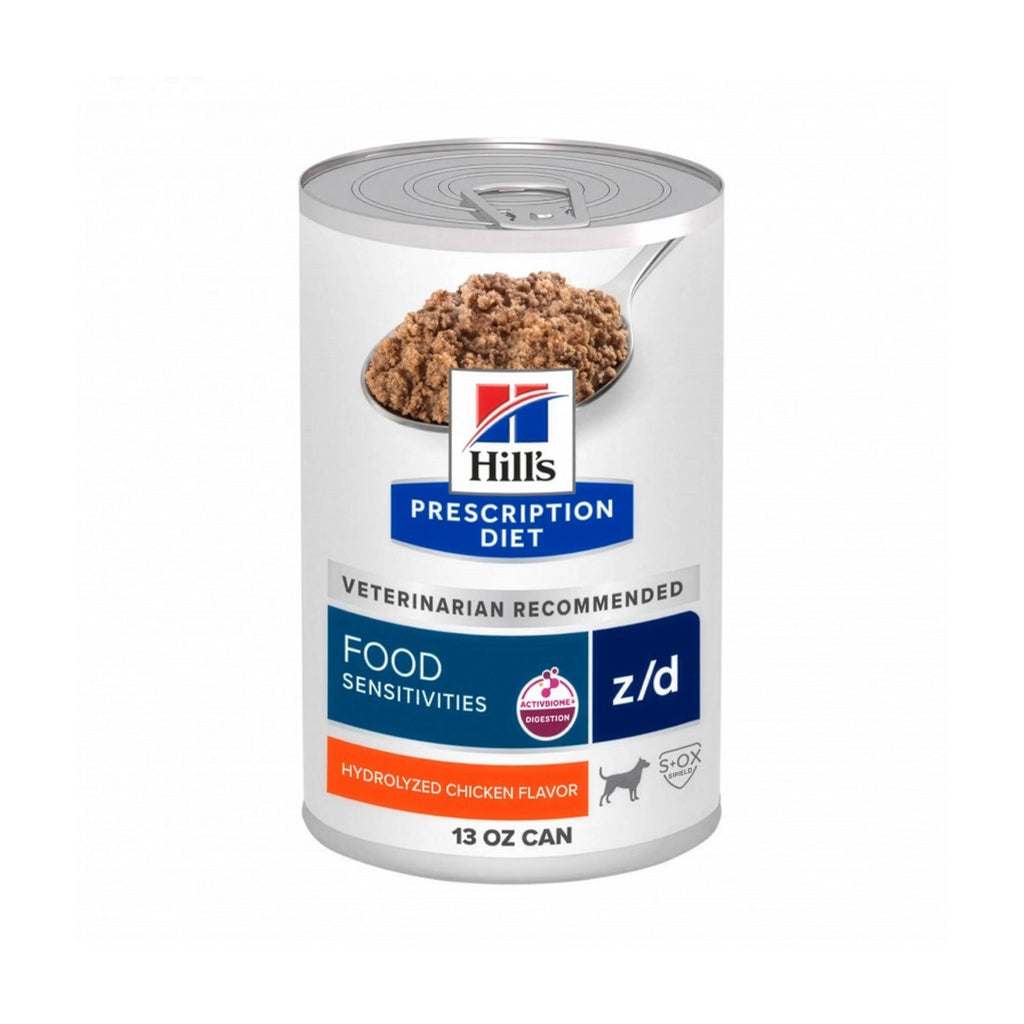 Hill's Lata Z/D Skin/Food Sensitivities para Perros, alimento húmedo Prescription Diet con sabor a pollo hidrolizado.