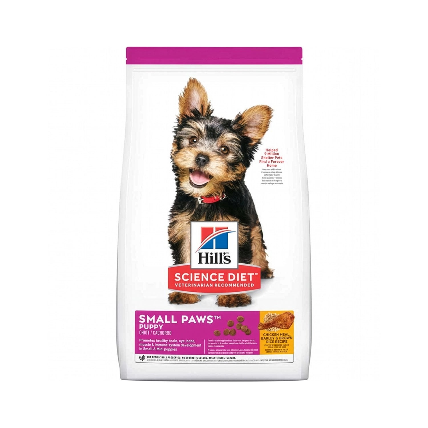 Hill's Small Paws para Cachorros con receta de pollo, alimento seco para razas pequeñas y envase con cachorro tipo Yorkshire.