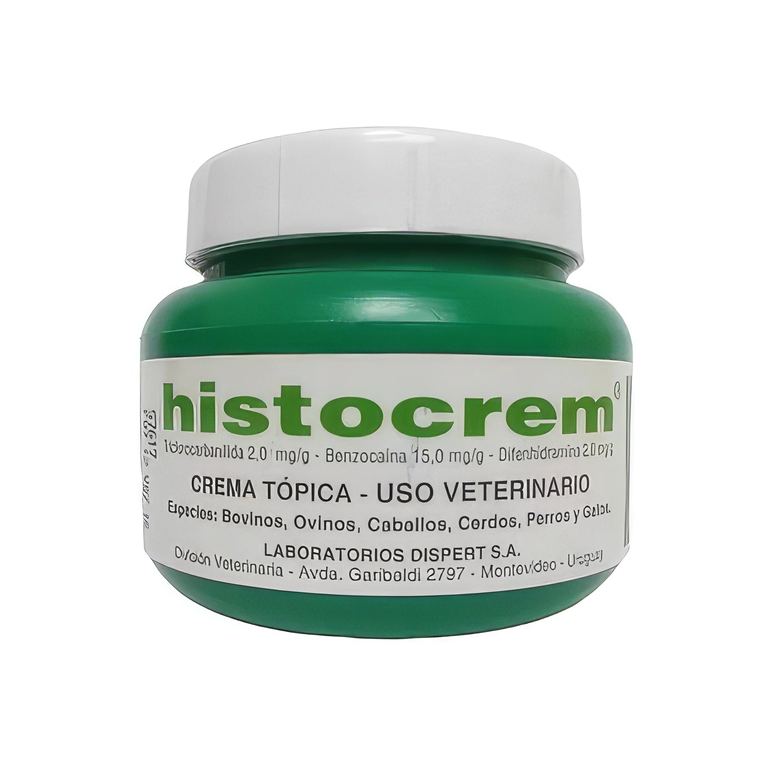 Histocrem Crema Tópica de uso veterinario, envase verde con tapa blanca para aplicación en perros, gatos y otras especies.