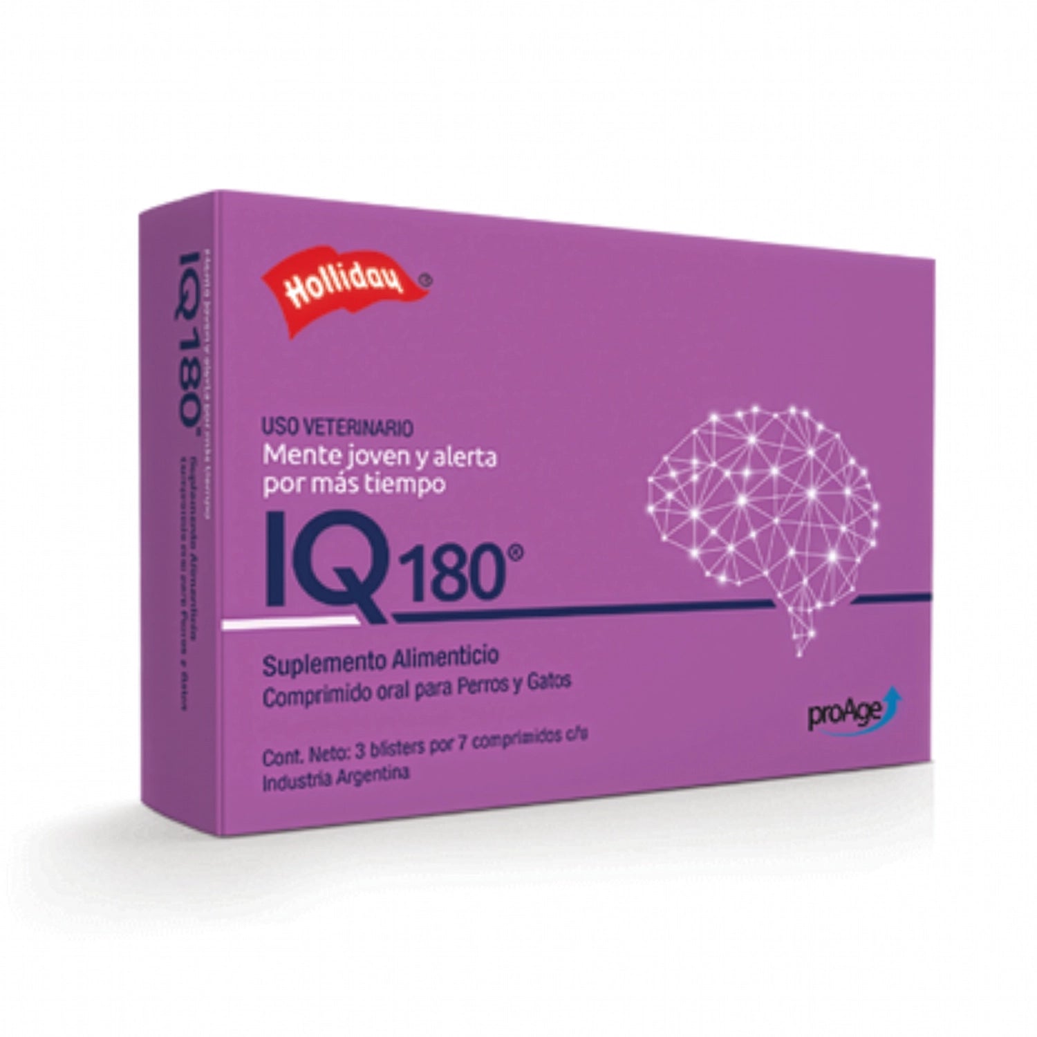 Holliday IQ 180- 21 comprimidos en caja veterinaria para perros y gatos con suplemento alimenticio cognitivo.