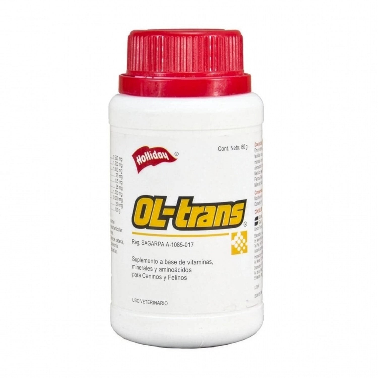 Holliday OL-trans en Polvo suplemento veterinario en envase blanco de 80 g para apoyo nutricional de mascotas.