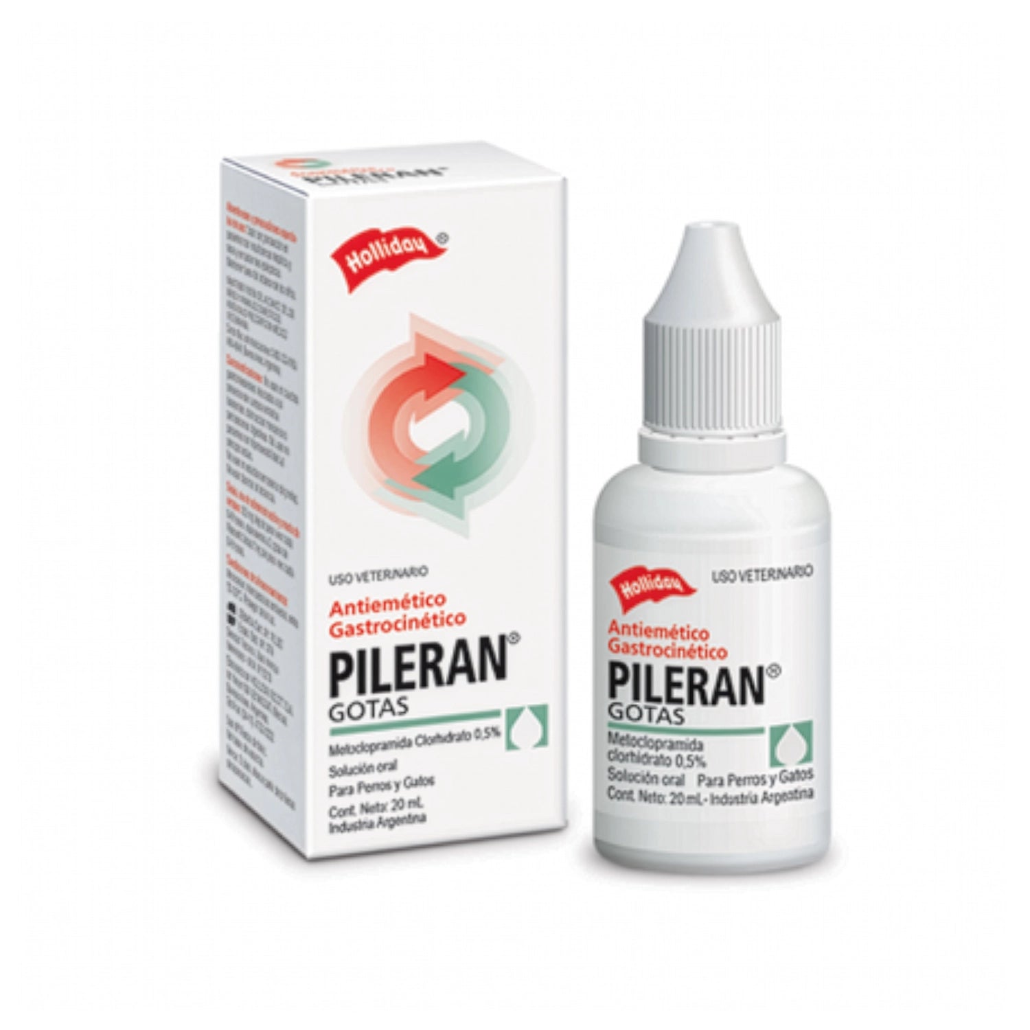 Pileran Gotas 20 ml Holliday en frasco y caja con solución oral antiemética para perros y gatos.