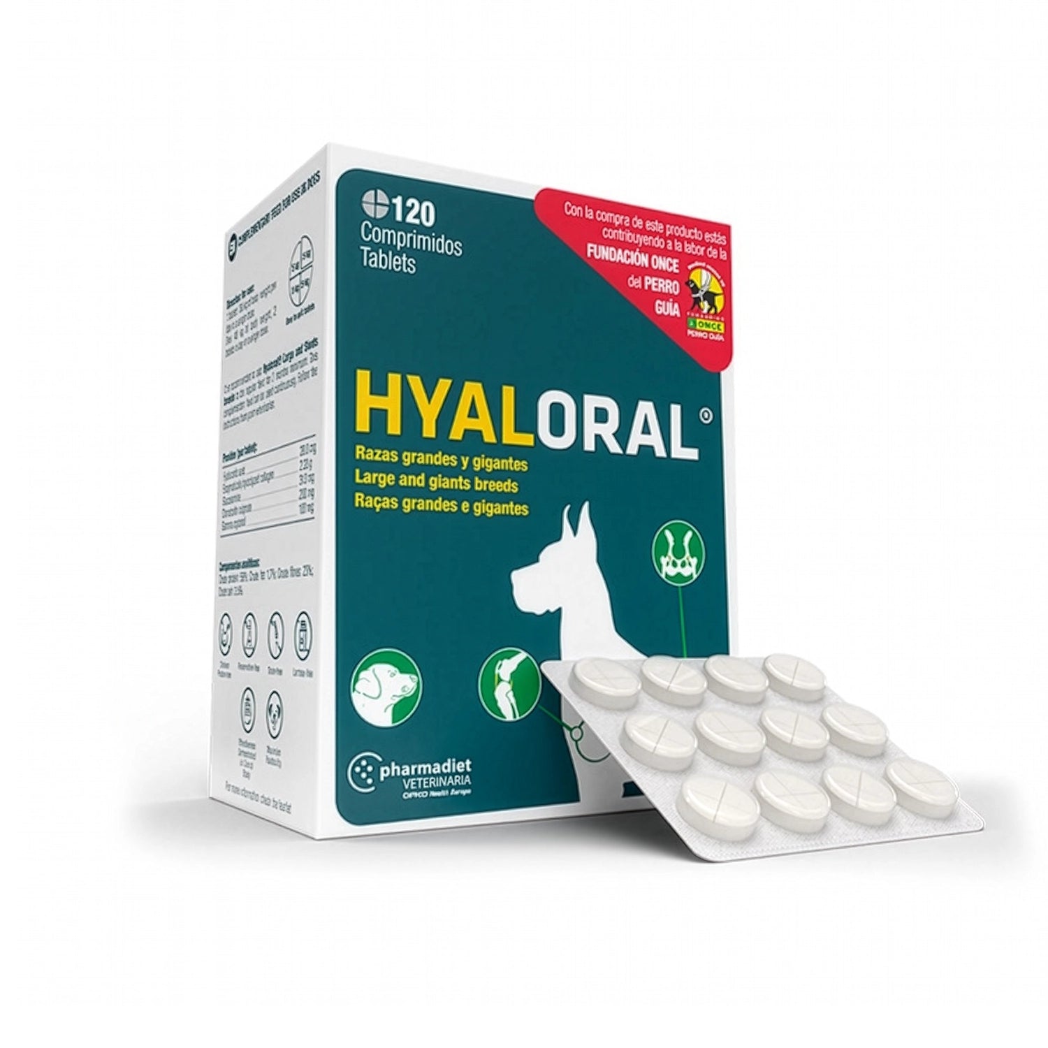 Hyaloral Perros razas grande y gigantes con caja de 120 comprimidos y suplemento articular para perros grandes.