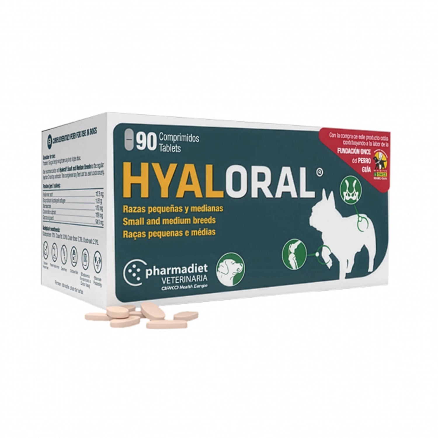 Hyaloral Perros razas pequeñas y medianas Pharmadiet con 90 comprimidos y suplemento para salud articular canina.