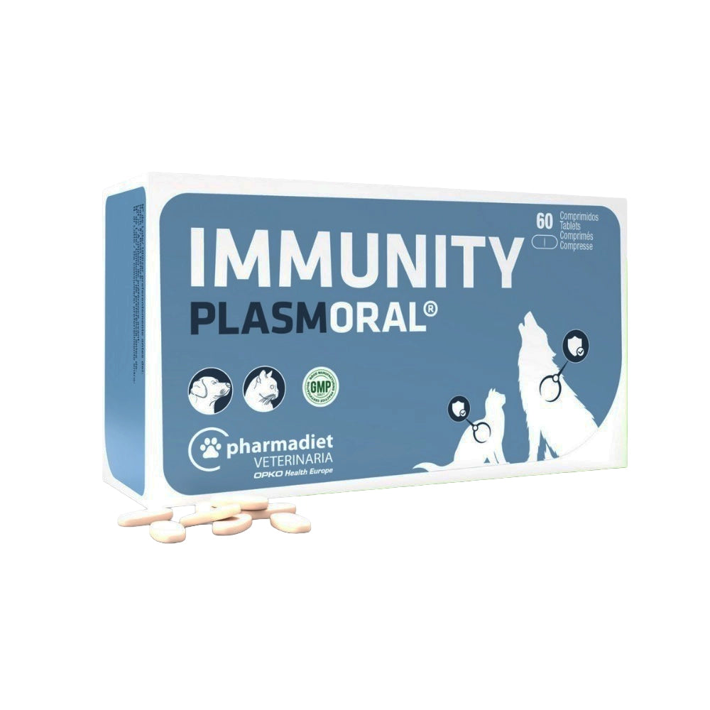 Immunity Plasmoral Perros y Gatos en caja de 60 comprimidos con tabletas visibles, suplemento veterinario para mascotas.