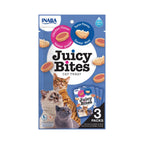 Premios Jugosos "Juicy Bites" para Gatos Receta Atún y Pollo en paquete de 3 sobres, bocados suaves con relleno jugoso.