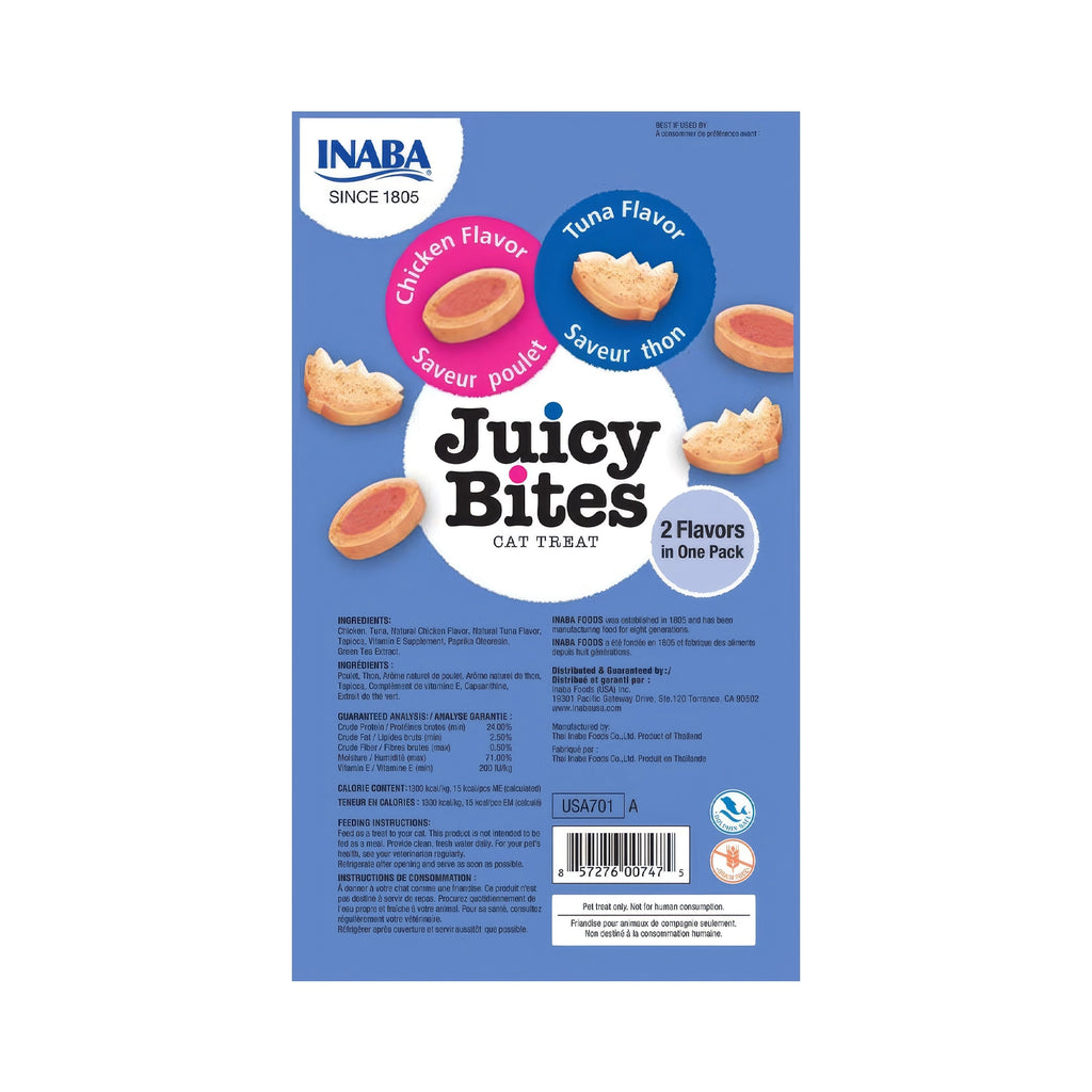 Premios Jugosos "Juicy Bites" para Gatos Receta Atún y Pollo en paquete de 3 sobres, bocados suaves con relleno jugoso.