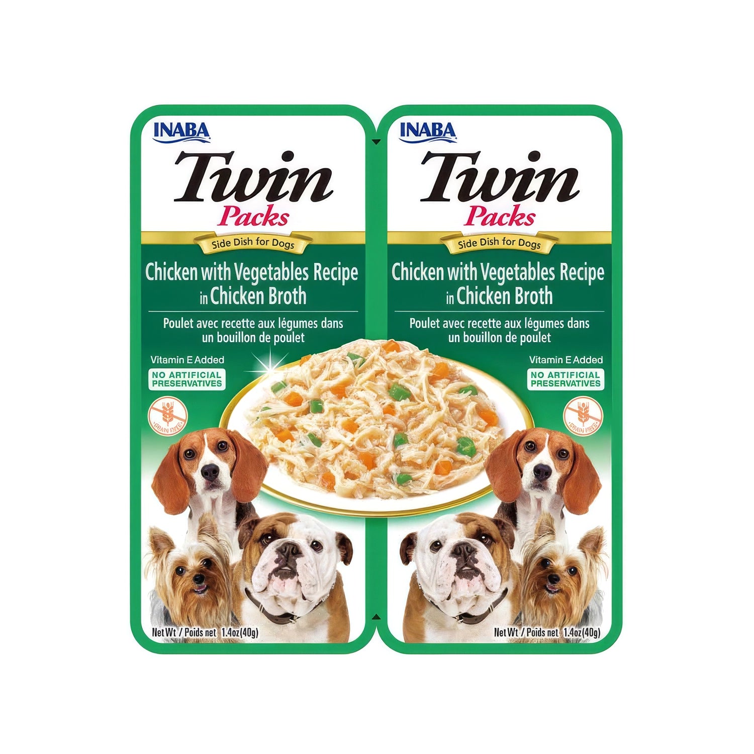 Twin Packs Pollo con Vegetales para Perros 2 tubos, alimento húmedo en caldo de pollo con verduras, presentado junto a perros.