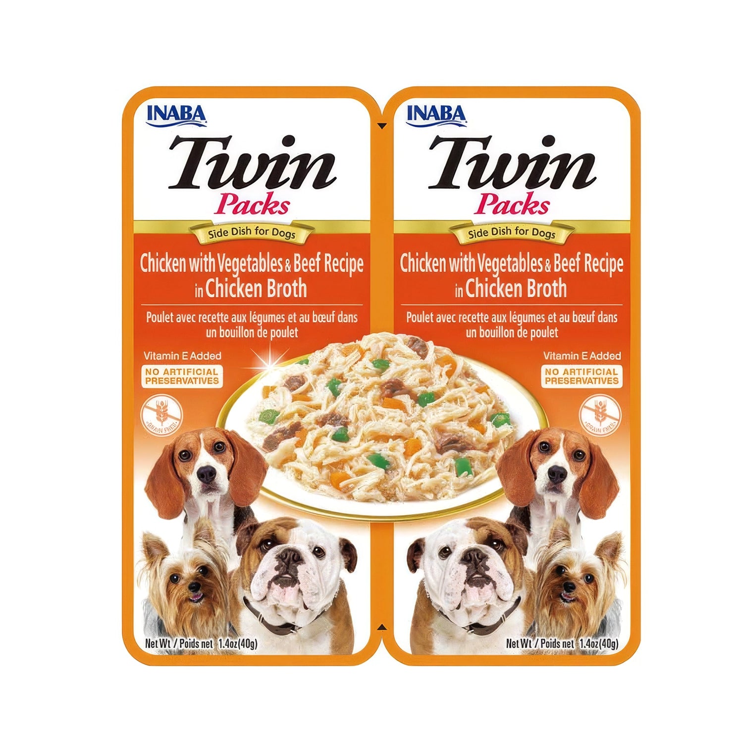 Twin Packs Pollo con Vegetales y Vacuno para Perros en caldo de pollo, alimento complementario con trozos visibles y doble porción.