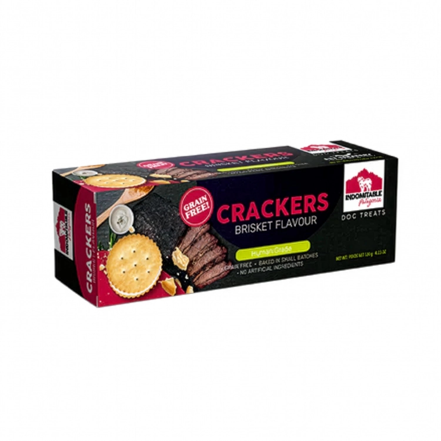 Indomitable Crackers Carne Ahumada para perros en caja rectangular, con galletas tipo cracker, carne ahumada y sello grain free.