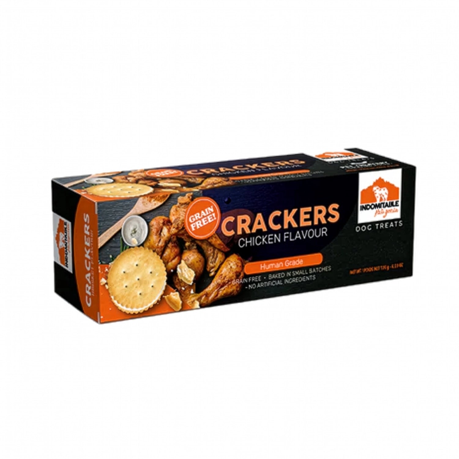 Indomitable Crackers Pollo para perros en caja rectangular, con galletas tipo cracker, trozos de pollo y sello grain free.