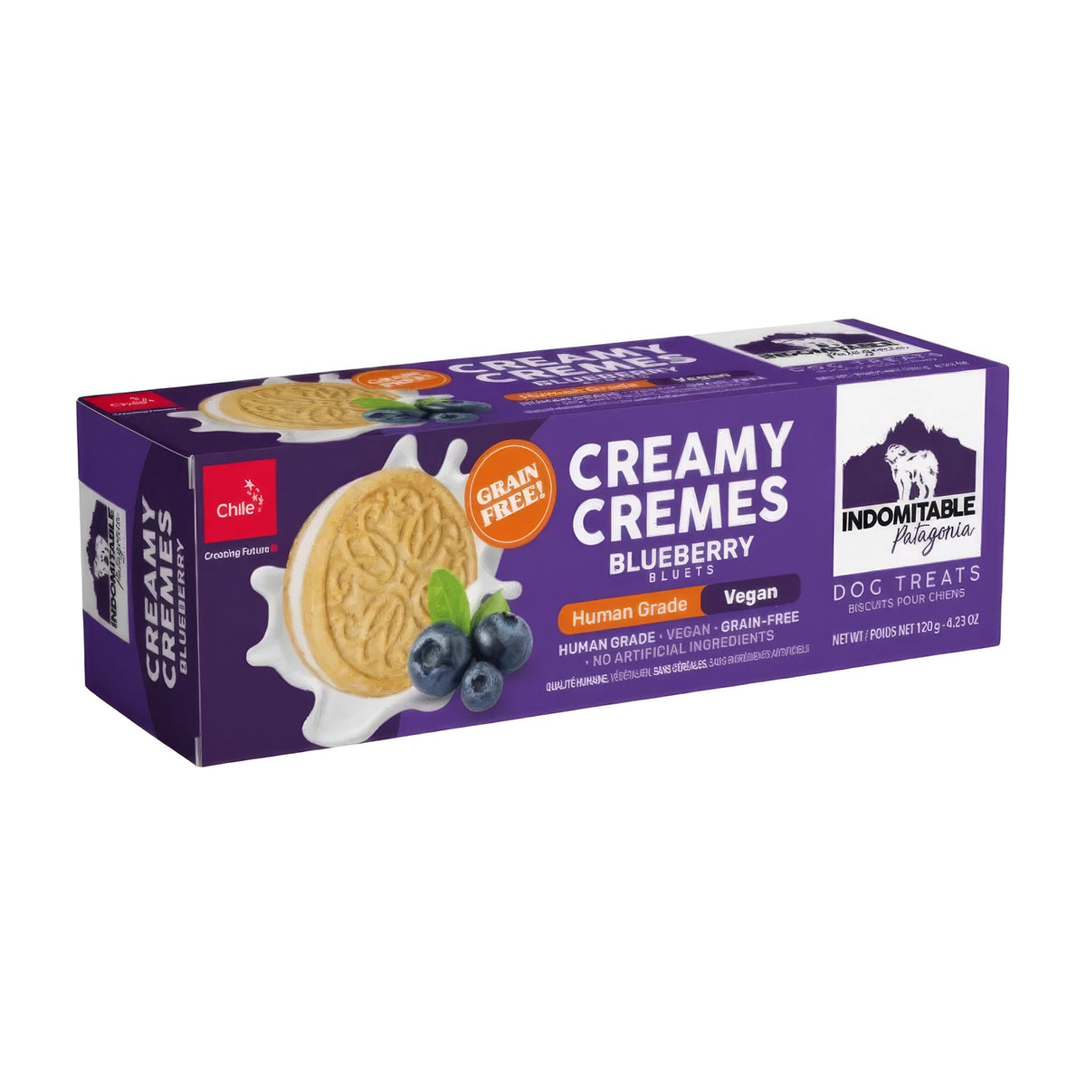 Indomitable Creamy Cremes Arándanos, galletas veganas y grain free para perros, en caja morada de 120 g.