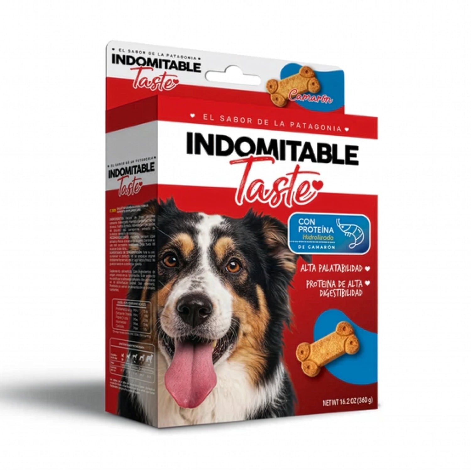 Indomitable Taste Galletas Horneadas Camarón en caja con imagen de perro, snacks horneados y proteína hidrolizada de camarón.