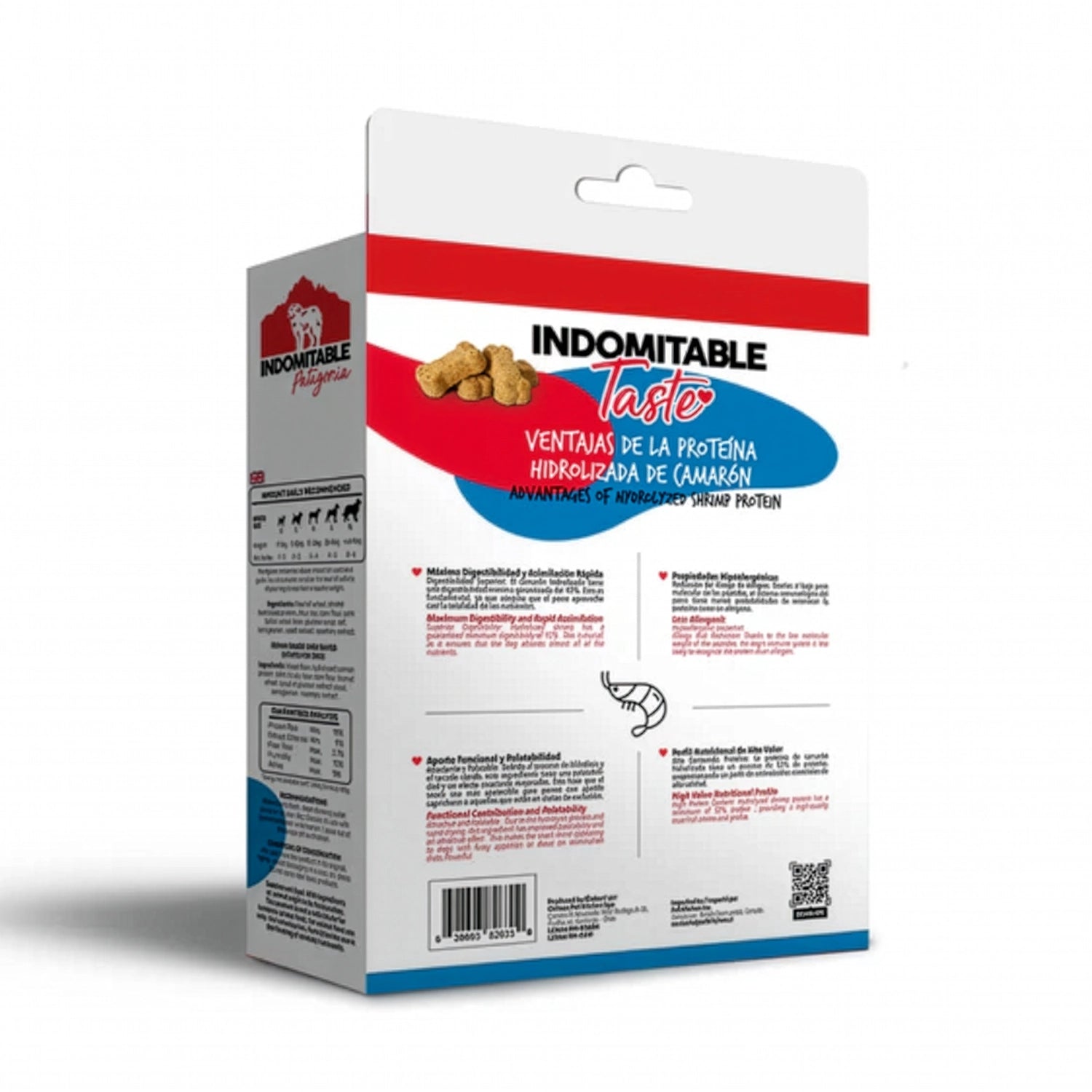 Indomitable Taste Galletas Horneadas Camarón en caja con imagen de perro, snacks horneados y proteína hidrolizada de camarón.