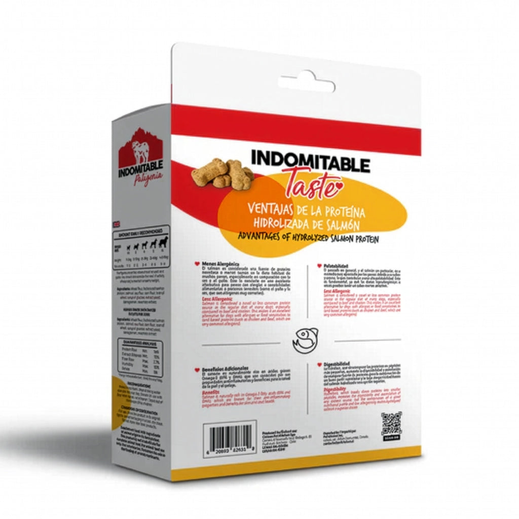 Indomitable Taste Galletas Horneadas Salmón en caja con imagen de perro labrador, snacks horneados y proteína hidrolizada.