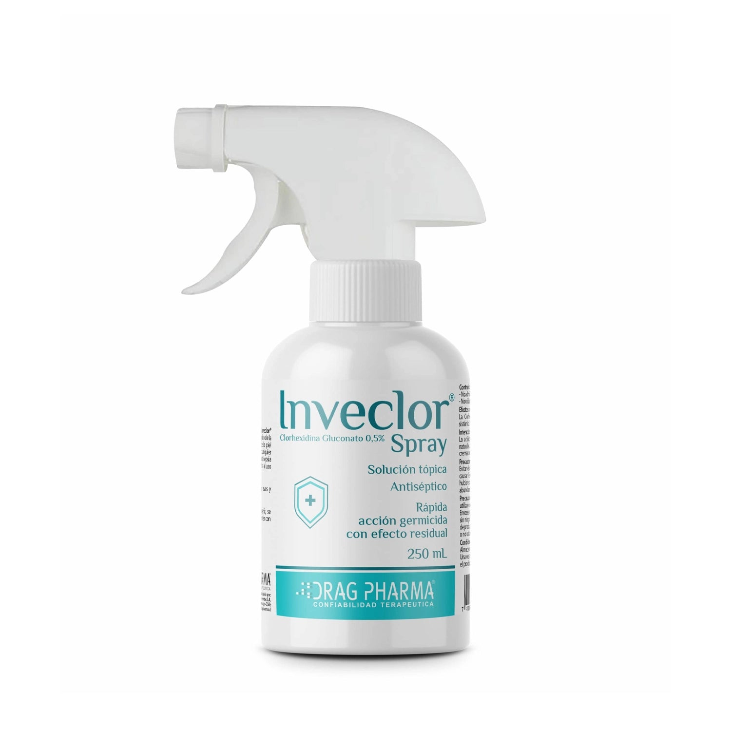 Inveclor Spray 250 ml antiséptico tópico con clorhexidina en envase blanco con aplicador pulverizador.