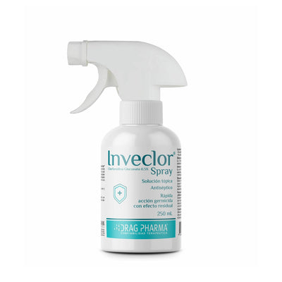 Inveclor Spray 250 ml antiséptico tópico con clorhexidina en envase blanco con aplicador pulverizador.