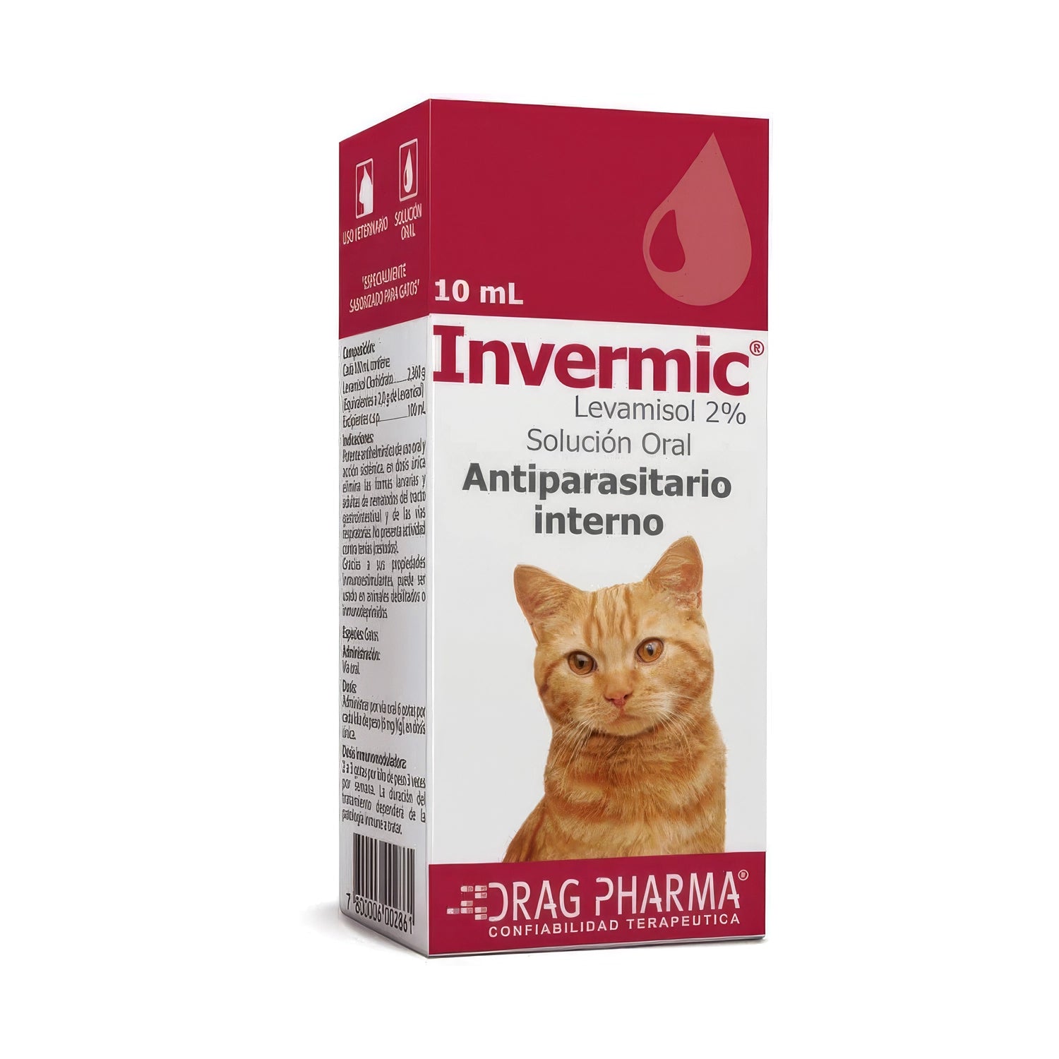 Invermic Gatos 10 ml en caja con imagen de gato naranja, solución oral antiparasitaria interna con levamisol 2% de Drag Pharma.