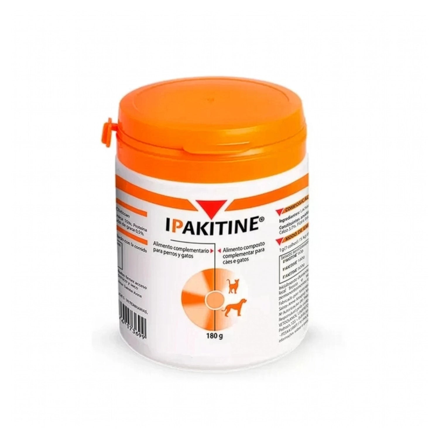 Ipakitine Polvo Oral, alimento complementario para perros y gatos en frasco de 180 g con tapa naranja.