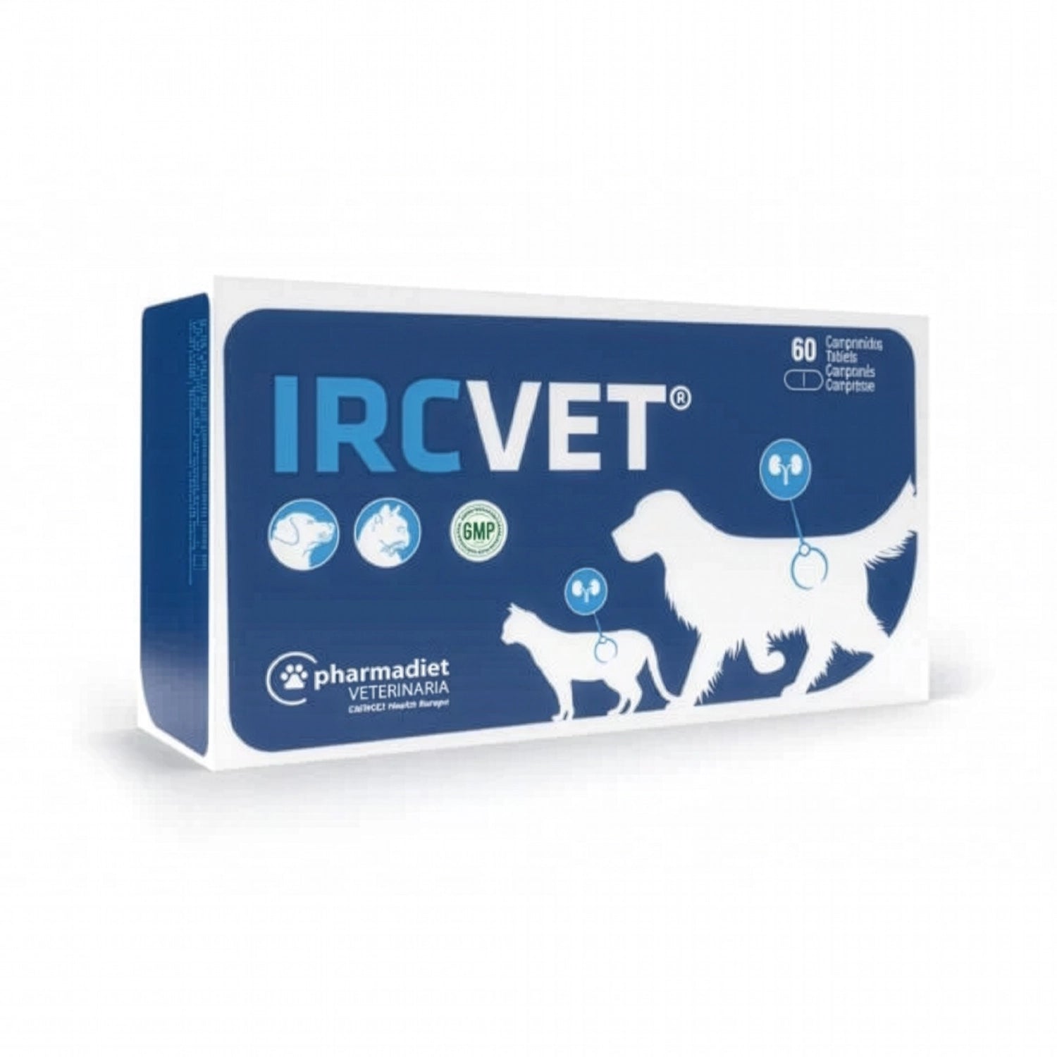 Ircvet para Perros y Gatos en caja azul con suplemento veterinario y diseño de perro y gato sobre fondo blanco.
