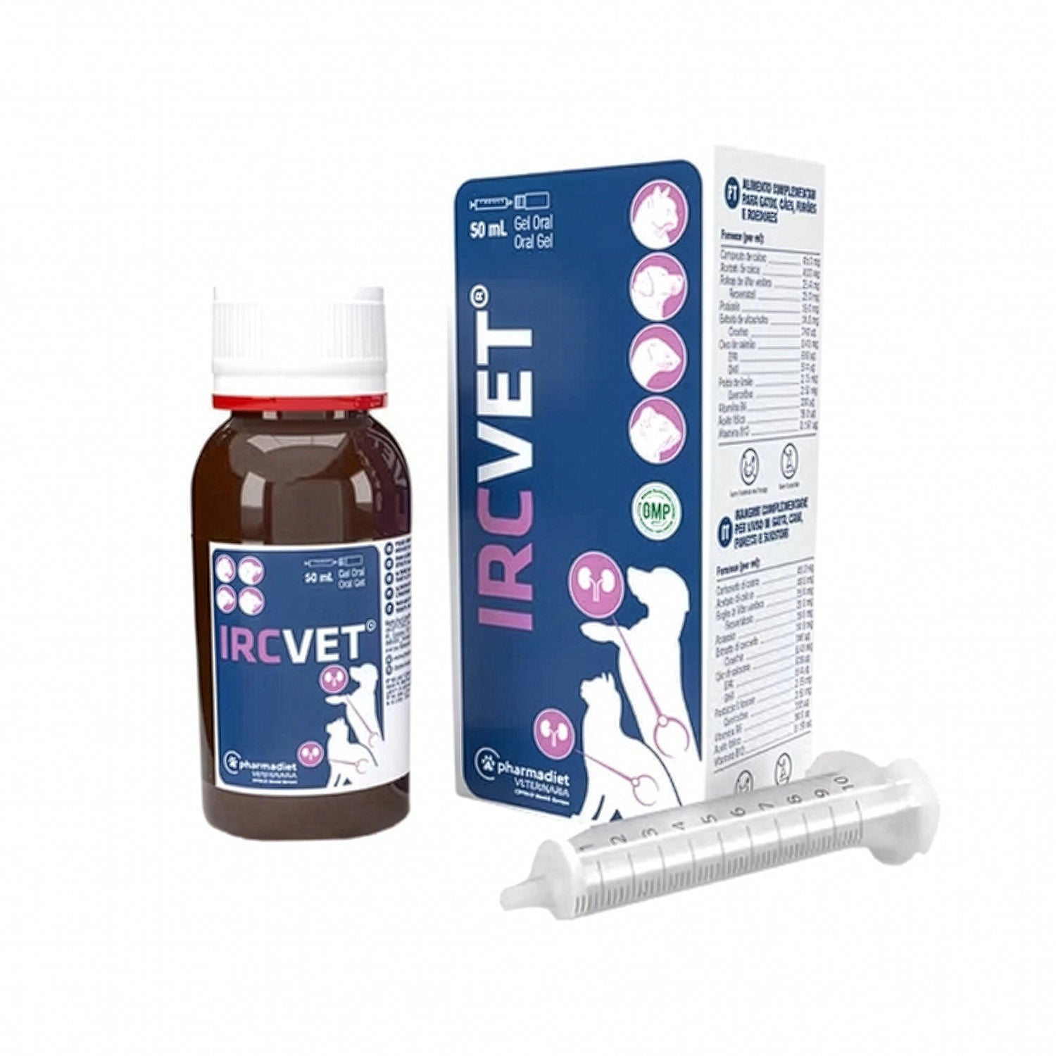 Ircvet Gel Oral para Perros y Gatos con frasco, caja azul y jeringa dosificadora para suplemento veterinario oral.