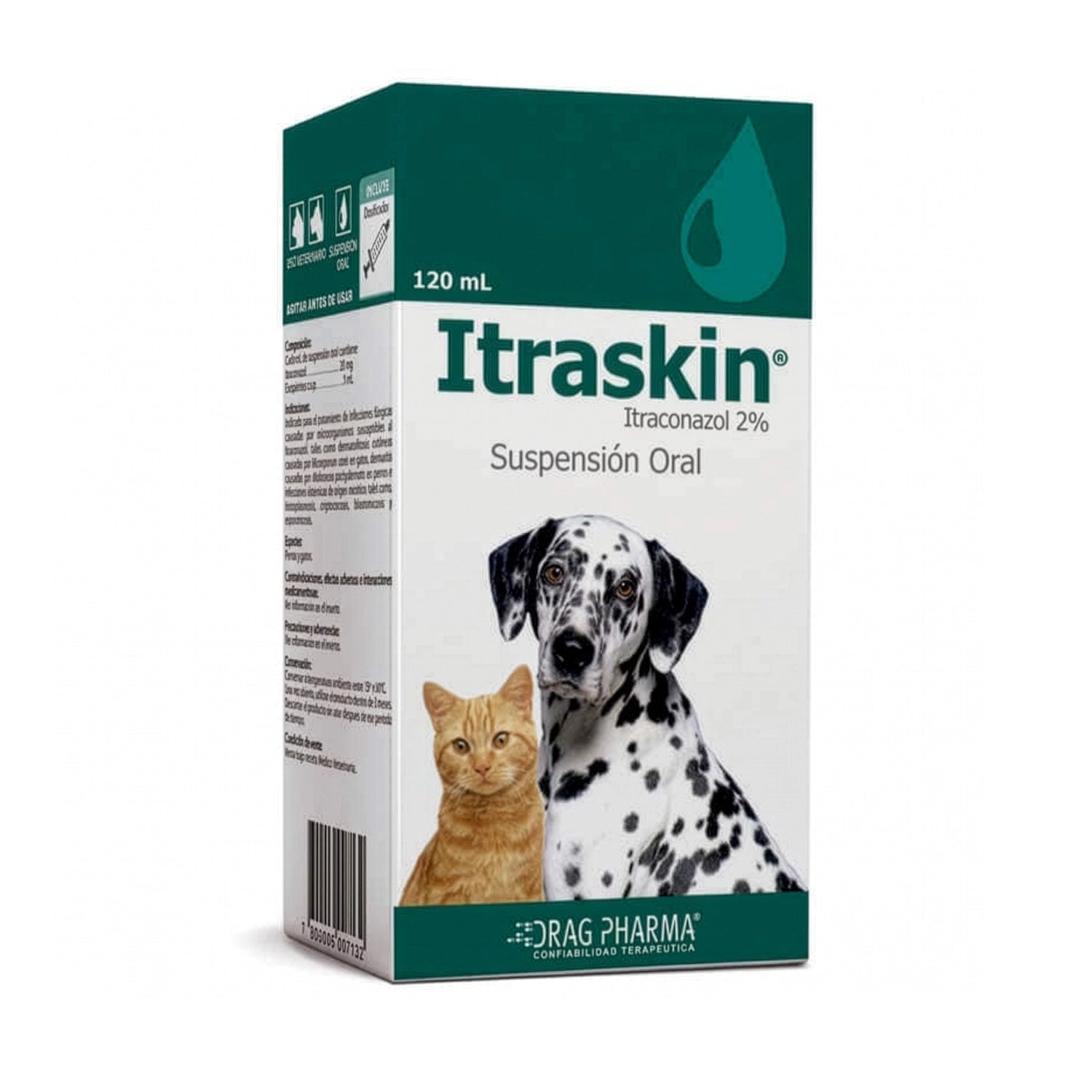 Presentación de Itraskin Suspensión Oral Drag Pharma con diseño verde y blanco para tratamiento veterinario en mascotas.