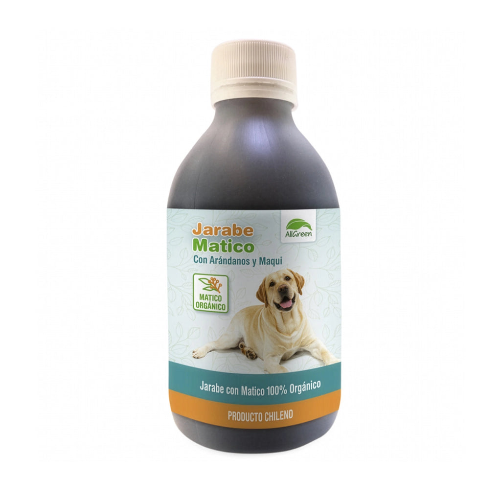 Envase de AllGreen Jarabe de Matico Gastro-Protector para Mascotas con arándanos, maqui y matico orgánico.