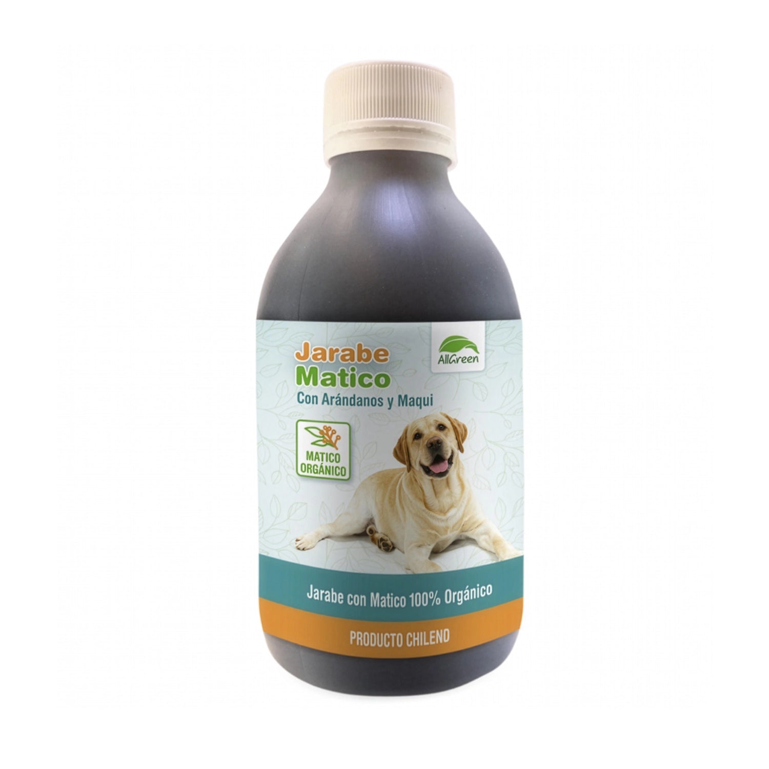 Envase de AllGreen Jarabe de Matico Gastro-Protector para Mascotas con arándanos, maqui y matico orgánico.