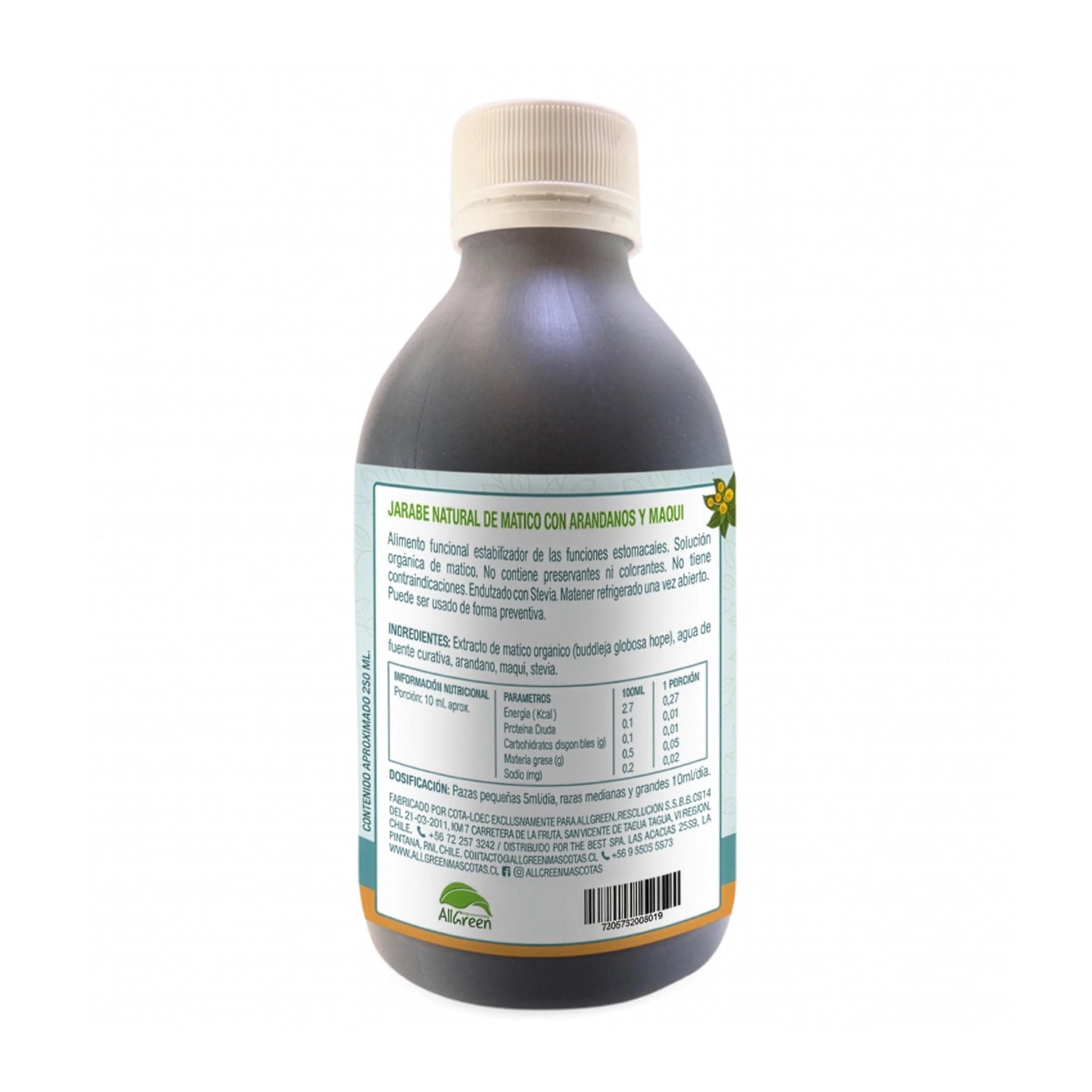 Envase de AllGreen Jarabe de Matico Gastro-Protector para Mascotas con arándanos, maqui y matico orgánico.