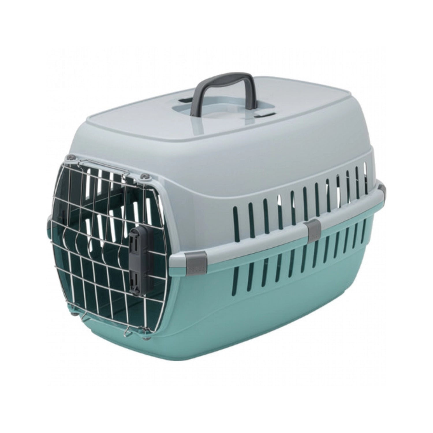 Jaula Transporte Road Runner Puerta Cerradura Moderna color gris y verde agua, transportadora para mascotas con puerta metálica.