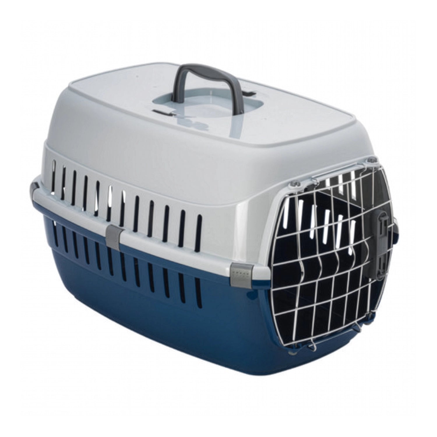 Jaula Transporte Road Runner Puerta Cerradura Moderna color gris y azul, transportadora para mascotas con puerta metálica.