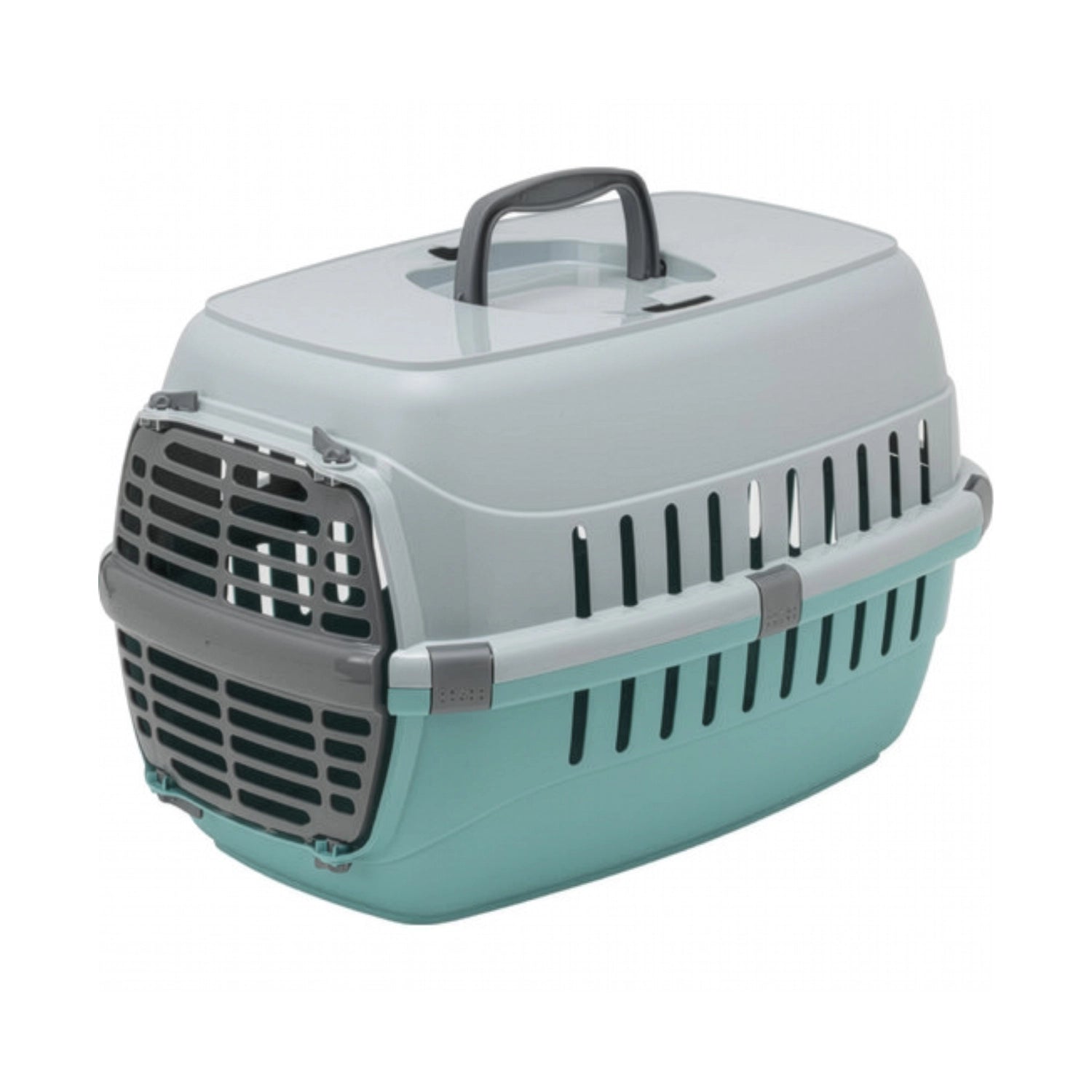 Jaula Transporte Road Runner Puerta Plástica Moderna color gris y verde agua, transportadora para mascotas con asa y ventilación.