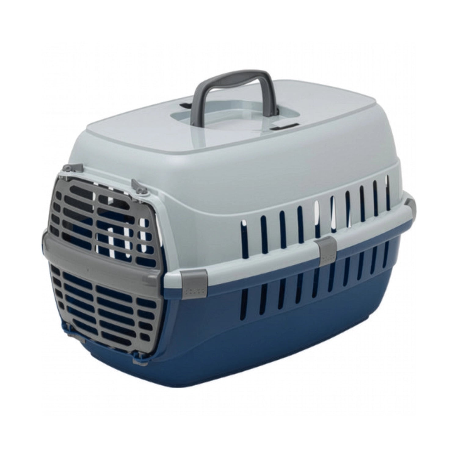Jaula Transporte Road Runner Puerta Plástica Moderna color gris y azul, transportadora para mascotas con asa y ventilación.
