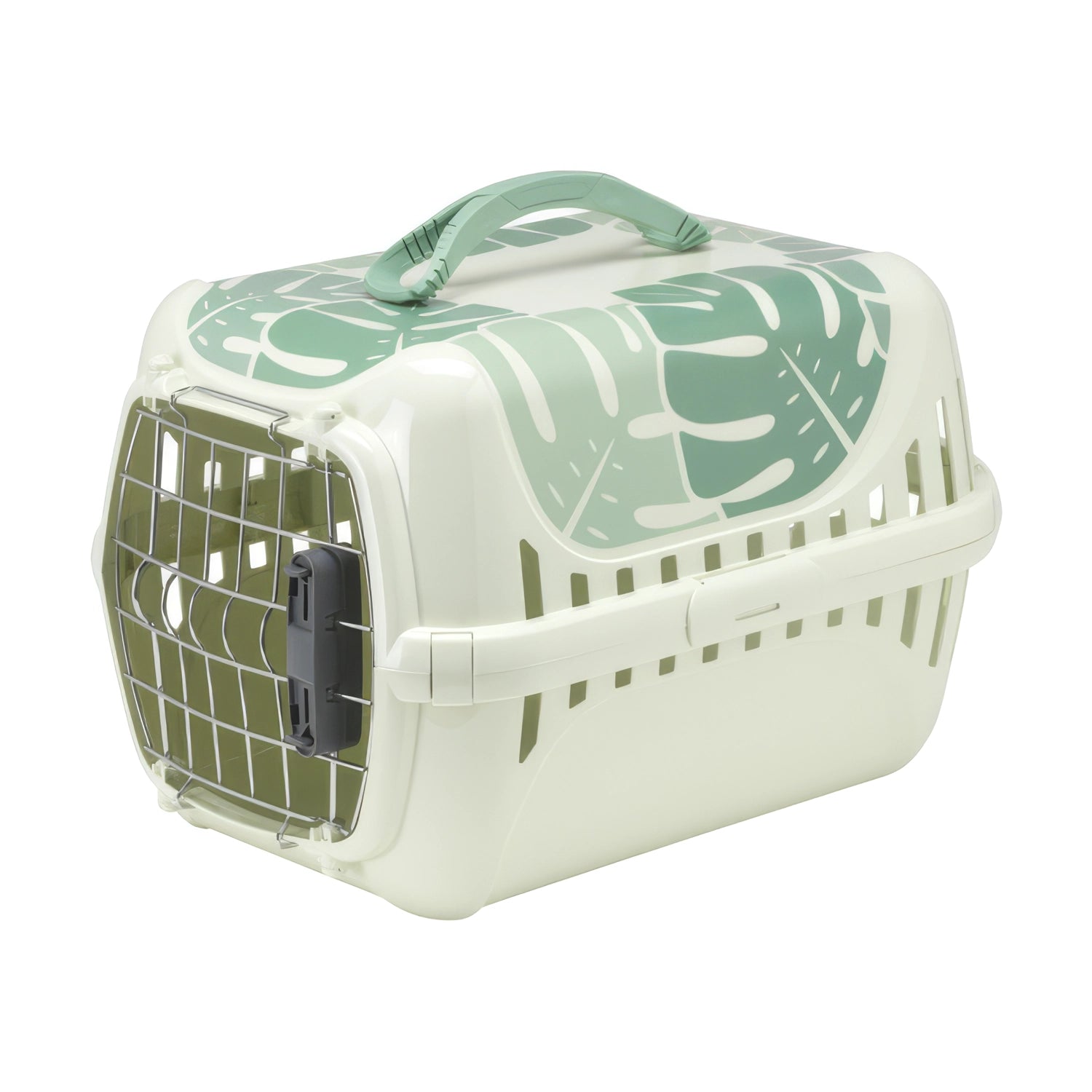 Jaula Transporte Trendy Runner Puerta Cerradura Moderna para perros y gatos, transportadora ventilada con cierre seguro y diseño tropical.