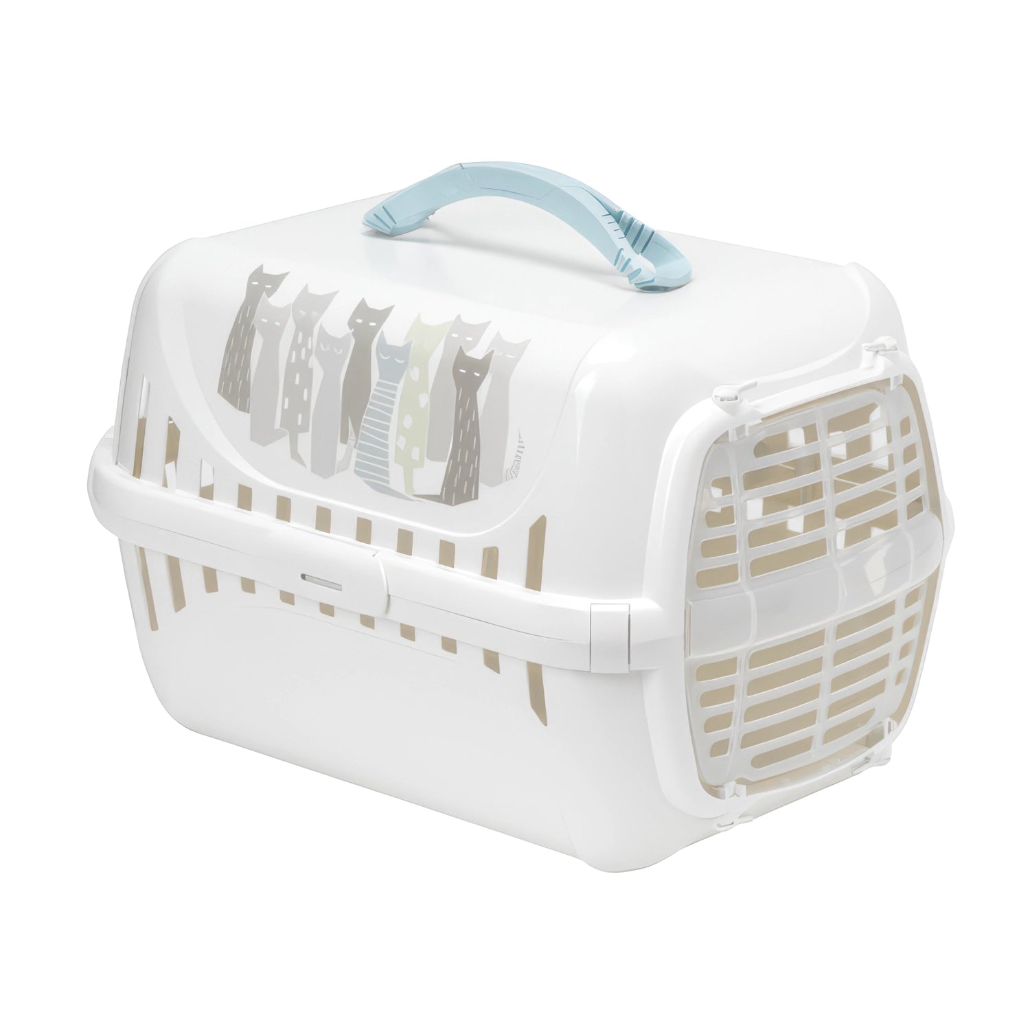 Jaula Transporte Trendy Runner Puerta Plástica Moderna color blanco con ilustración de gatos, ventilación lateral y asa azul.