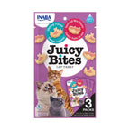 Premios Jugosos "Juicy Bites" para Gatos Receta Camarón y Mix de Mar Inaba en envase de 3 packs, con bocados rellenos y gatos.