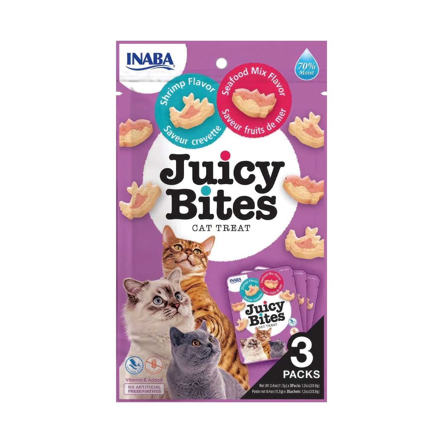 Premios Jugosos "Juicy Bites" para Gatos Receta Camarón y Mix de Mar Inaba en envase de 3 packs, con bocados rellenos y gatos.