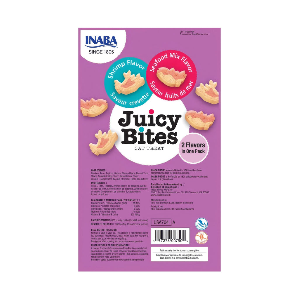 Premios Jugosos "Juicy Bites" para Gatos Receta Camarón y Mix de Mar Inaba en envase de 3 packs, con bocados rellenos y gatos.