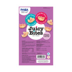 Premios Jugosos "Juicy Bites" para Gatos Receta Camarón y Mix de Mar Inaba en envase de 3 packs, con bocados rellenos y gatos.