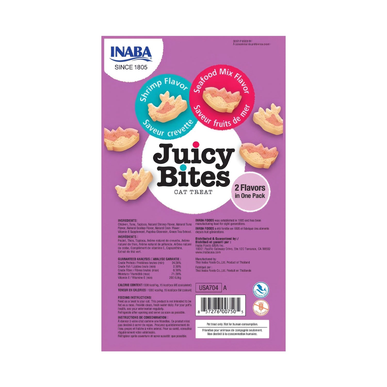 Premios Jugosos "Juicy Bites" para Gatos Receta Camarón y Mix de Mar Inaba en envase de 3 packs, con bocados rellenos y gatos.