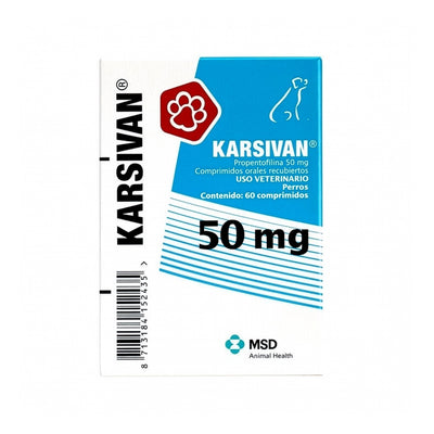 Caja de Karsivan 50 mg para perros, comprimidos orales veterinarios con propentofilina de MSD Animal Health.