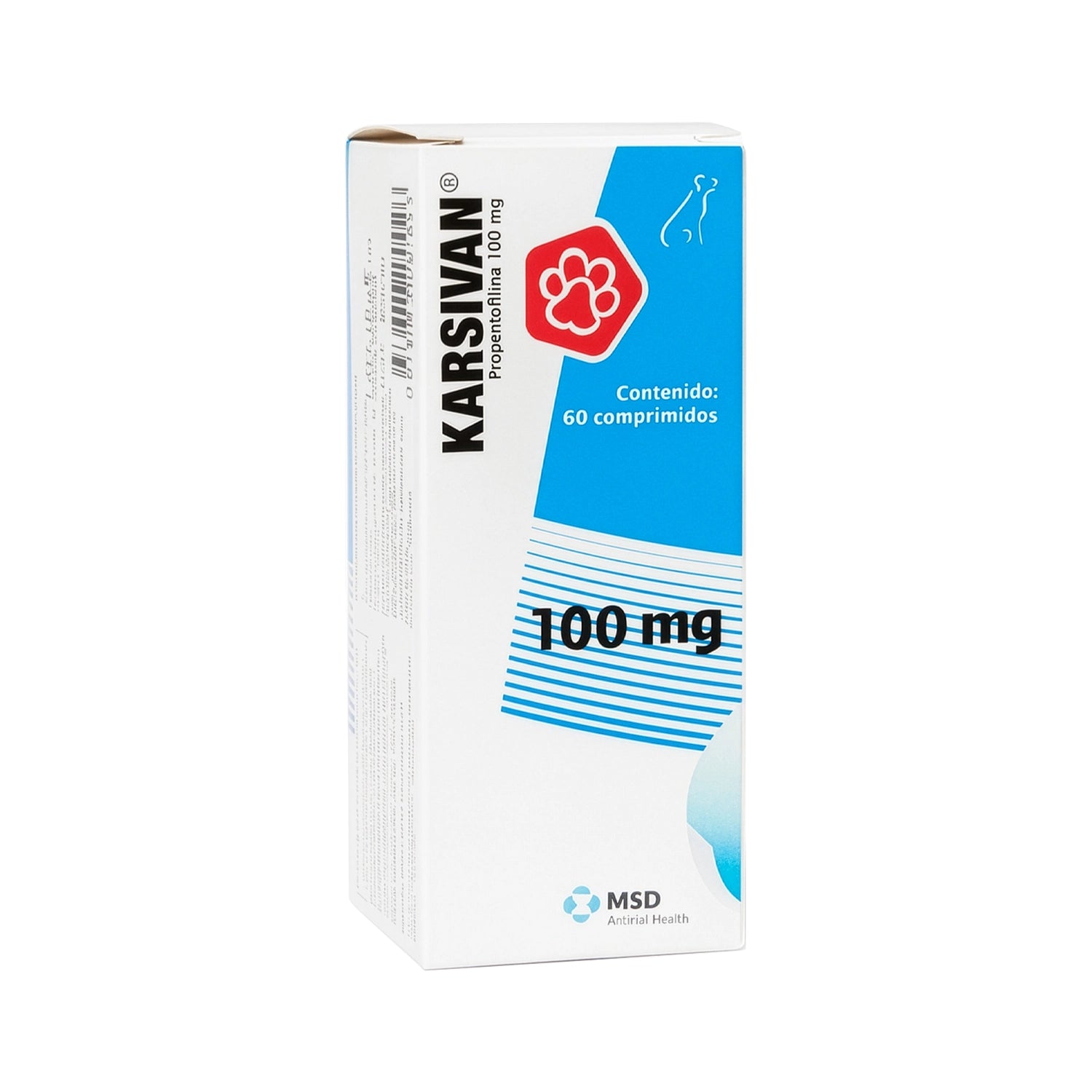 Karsivan 100 mg en caja blanca y celeste con 60 comprimidos, suplemento veterinario para circulación y vitalidad canina.