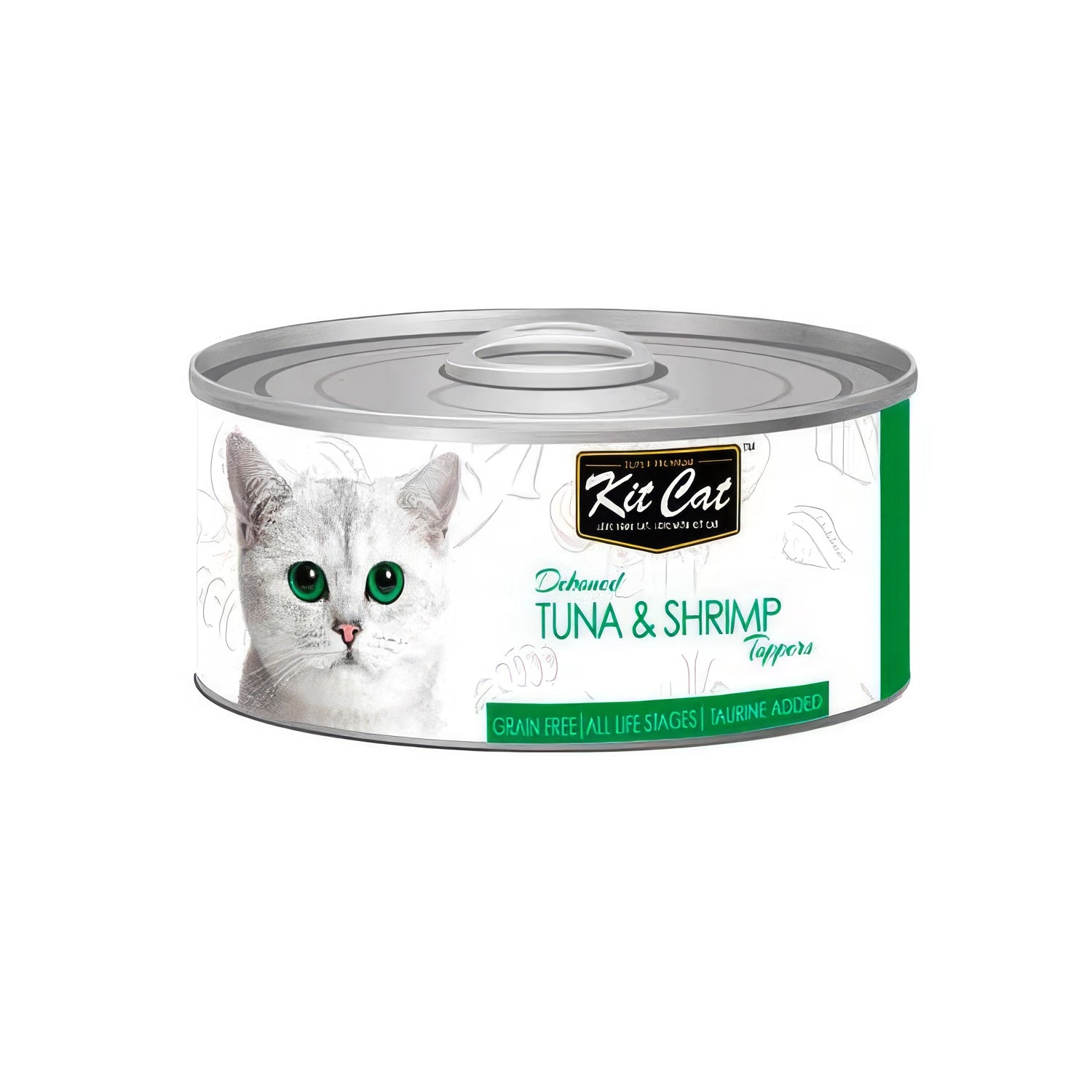 Kit Cat Lata Deboned Toppers Atún y Camarón con imagen de gato en la etiqueta, alimento húmedo grain free para gatos.