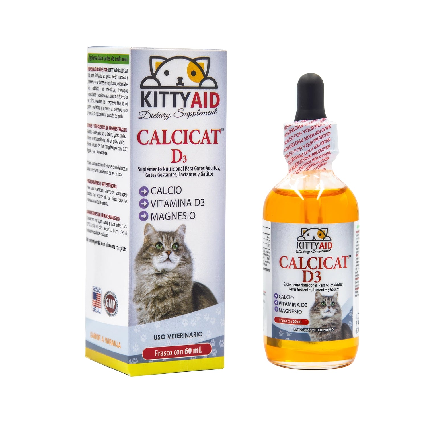 Kitty Aid Calcicat D3 suplemento nutricional para gatos, con calcio, vitamina D3 y magnesio, frasco y caja de 60 mL.
