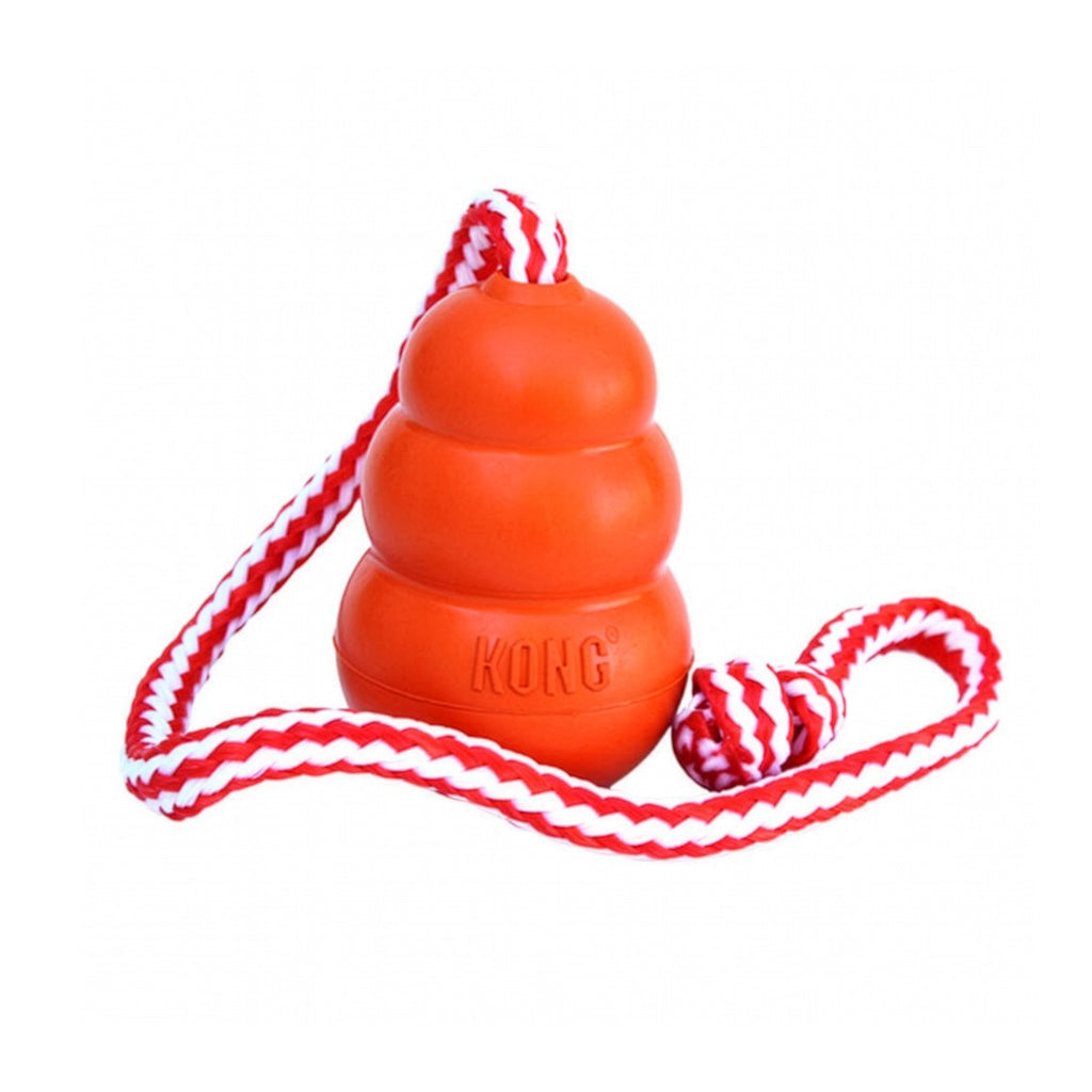 Juguete Kong Aqua de goma color naranja con cuerda trenzada roja y blanca, diseñado para lanzar, buscar y flotar en el agua.