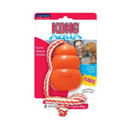 Juguete Kong Aqua de goma color naranja con cuerda trenzada roja y blanca, diseñado para lanzar, buscar y flotar en el agua.