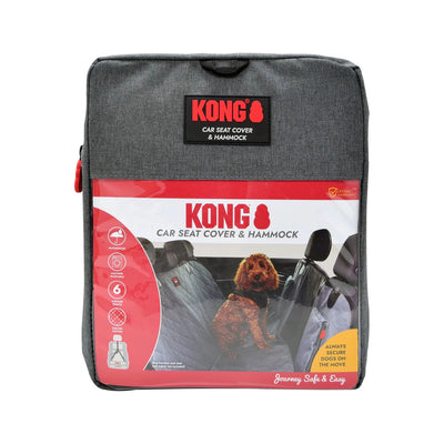 KONG Funda para Asiento Trasero y Hamaca para Auto instalada en un vehículo, protegiendo el asiento mientras un perro viaja cómodamente.