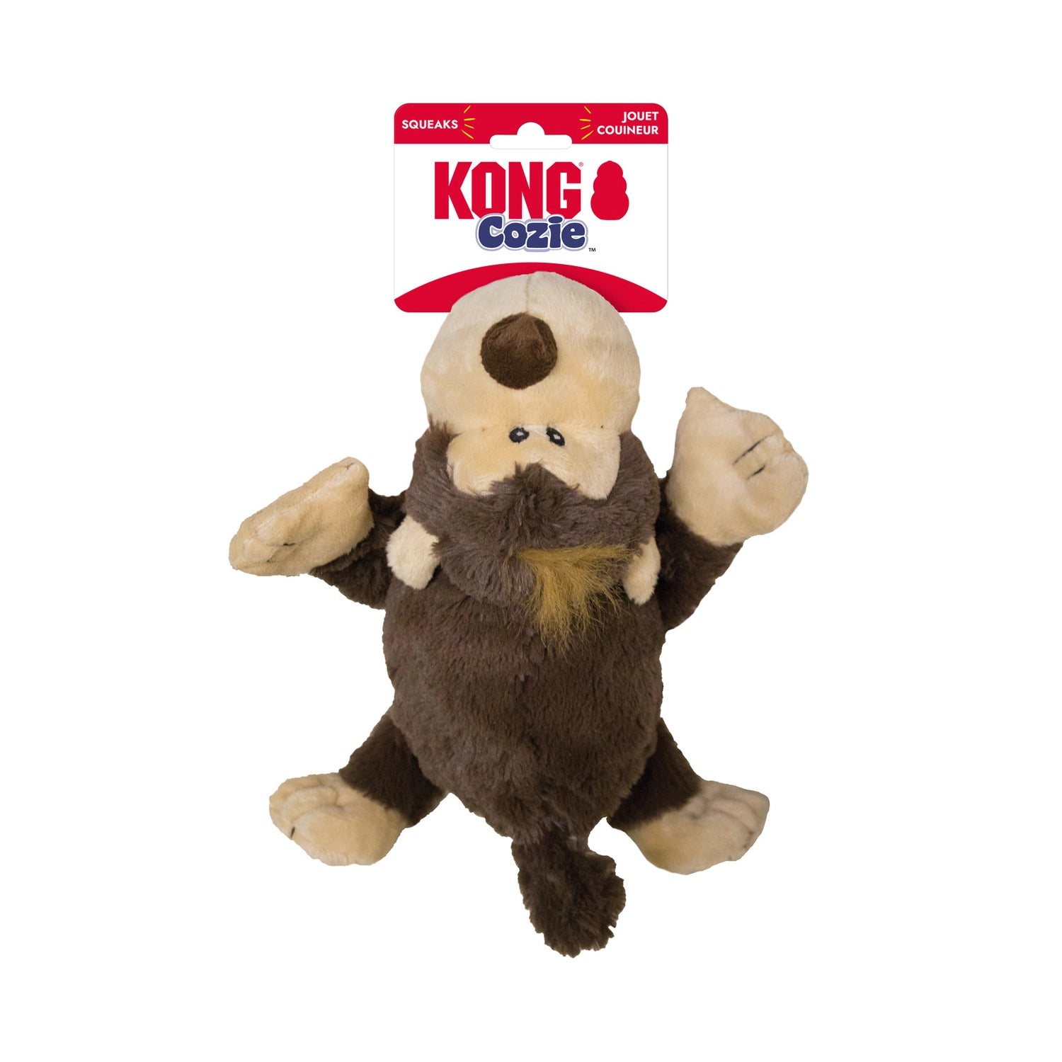 Peluche Cozie Kong Funky Monkey con diseño de mono en tonos café y beige, textura suave y cuerpo acolchado para perros.