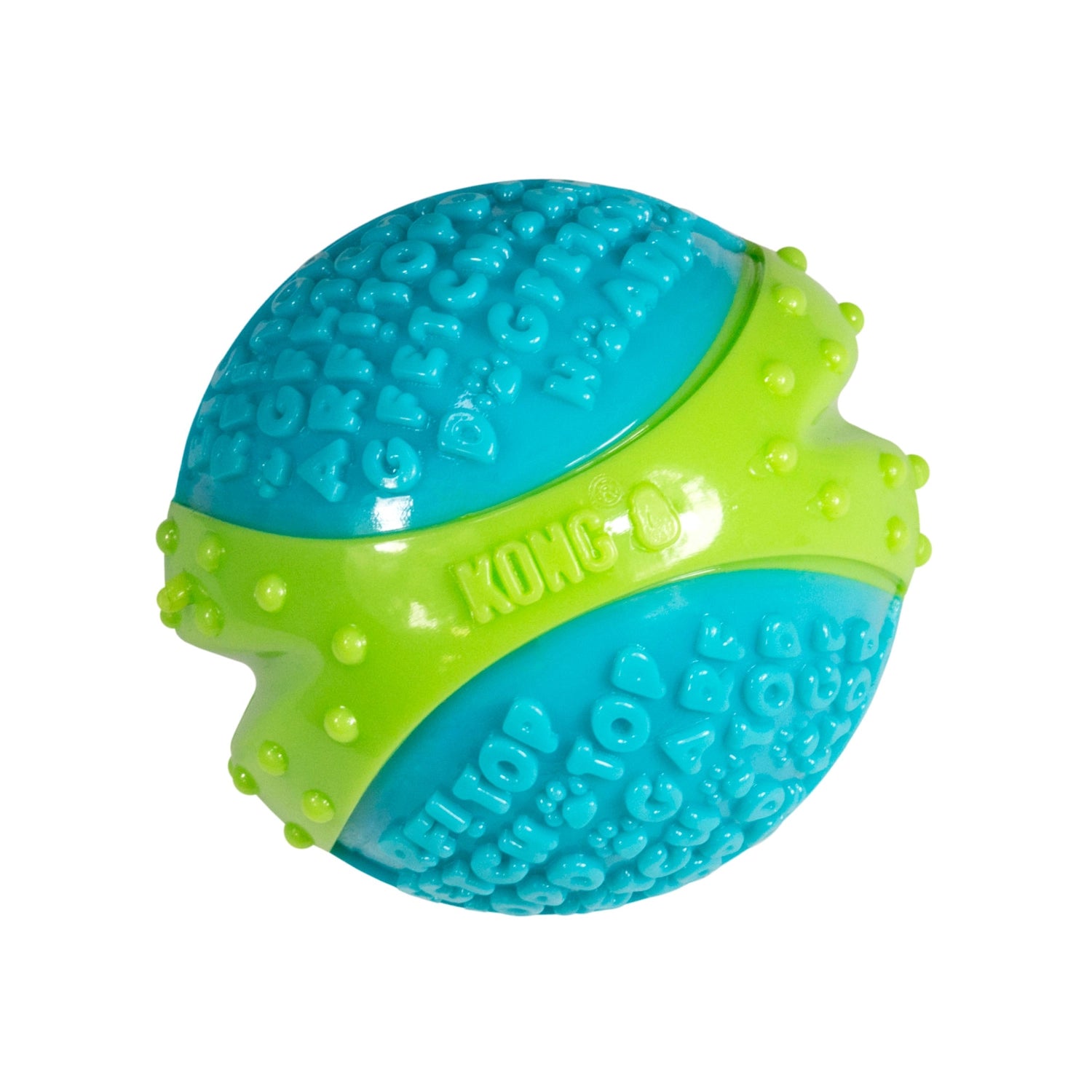 Pelota Dura "Corestrength" Kong color azul y verde, juguete resistente para perros con textura que ayuda a limpiar los dientes.