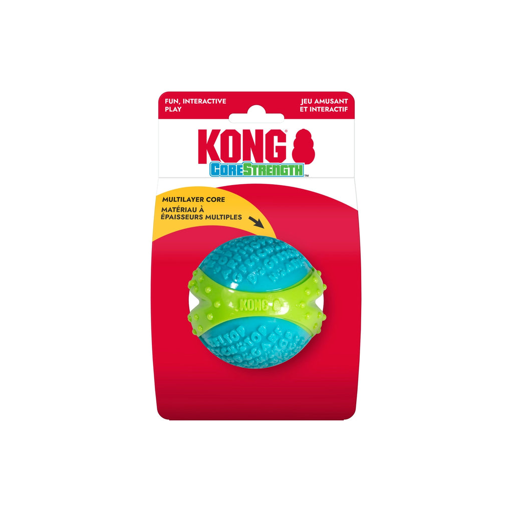 Pelota Dura "Corestrength" Kong color azul y verde, juguete resistente para perros con textura que ayuda a limpiar los dientes.